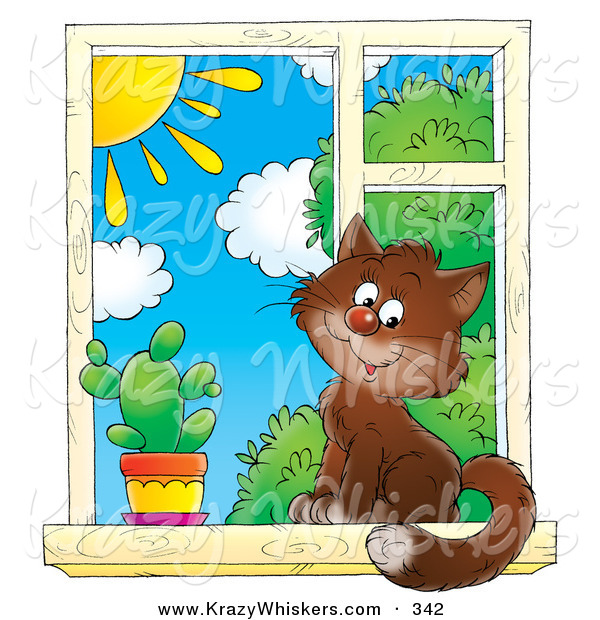 Critter Clipart of a Cute Brown House Cat Sitting by a Spiky Cactus in a Window, Looking Outside on a Sunny Day