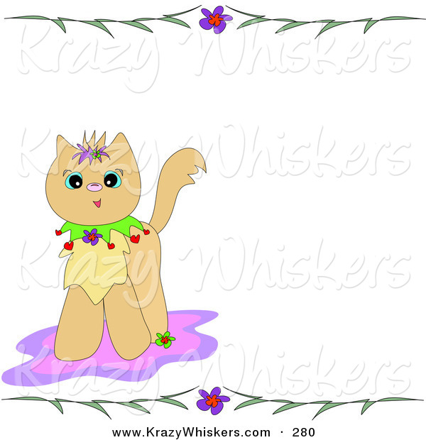 Critter Clipart of a Cute Brown Kitten on a Pink Rug, with a Stationery Border of Flowers and LeavesCute Brown Kitten on a Pink Rug, with a Stationery Border of Flowers and Leaves