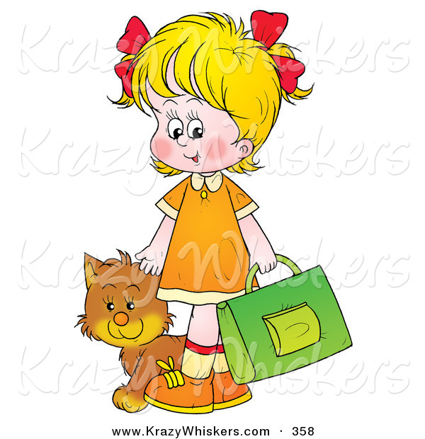 Critter Clipart of a Cute Cat Following a Blond Girl on Her Way to School