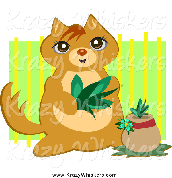 Critter Clipart of a Cute Cat Planting a Plant over Green
