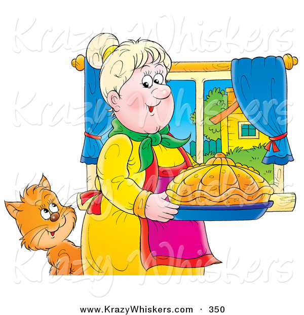 Critter Clipart of a Cute Cat Watching a Grandmother Carrying Fancy Bread in a Kitchen