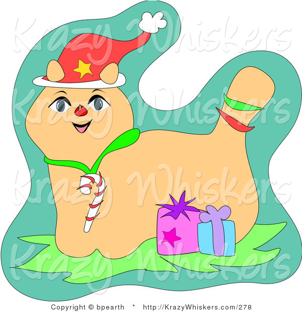 Critter Clipart of a Cute Christmas Cat Wearing a Santa Hat and Candy Cane Collar, Standing with Two Gifts