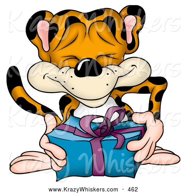 Critter Clipart of a Cute Friendly Leopard Giving a Blue and Purple Present
