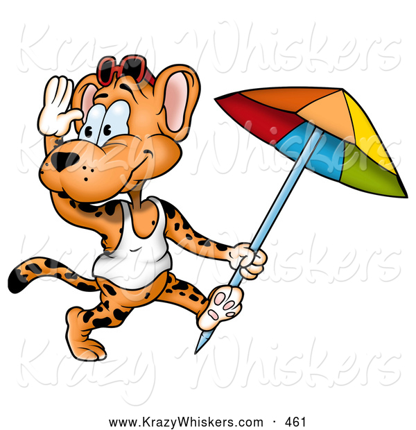 Critter Clipart of a Cute Friendly Leopard in a Tank Top, Running with a Beach Umbrella