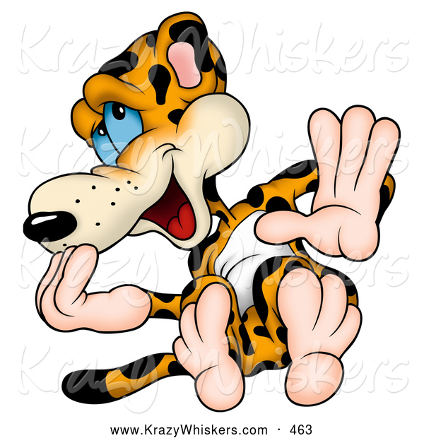 Critter Clipart of a Cute Giggly Leopard Holding up a Hand and Leaning Back