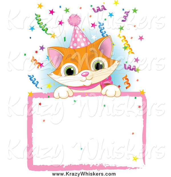 Critter Clipart of a Cute Ginger Kitten Wearing a Party Hat and Looking over a Blank Party Sign with Colorful Confetti
