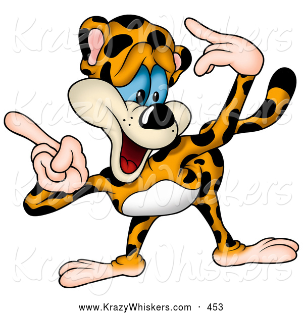 Critter Clipart of a Cute Goofy Leopard Bending Forward and Pointing to the Left with Both Hands