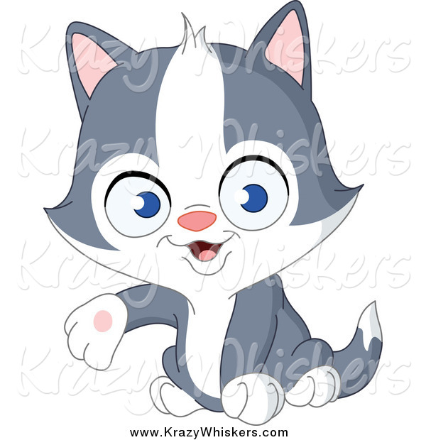 Critter Clipart of a Cute Gray and White Kitten Presenting with One Paw