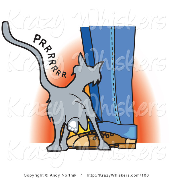 Critter Clipart of a Cute Gray Cat Purring and Rubbing up Against a Person's Legs