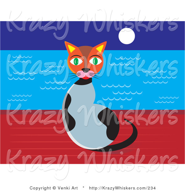Critter Clipart of a Cute Green Eyed Calico Cat Sitting on a Wall at Night with the Full Moon Shining over the Ocean Waters