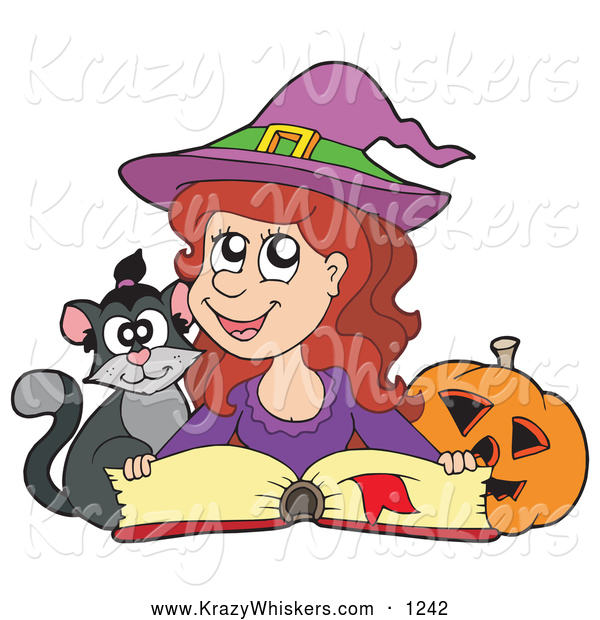 Critter Clipart of a Cute Halloween Witch Reading a Spell Book with a Cat