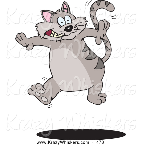 Critter Clipart of a Cute Hyperactive Gray Striped Cat Leaping up over a Shadow