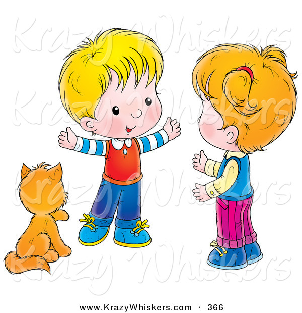 Critter Clipart of a Cute Kitty Cat Seated by a Little Boy Talking to a Girl