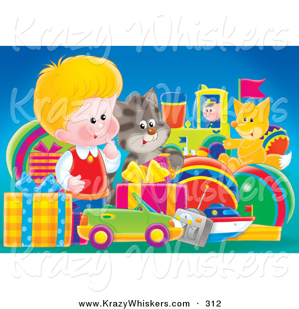 Critter Clipart of a Cute Little Blond White Boy, a Cat and Fox Admiring a Large Group of Birthday Presents