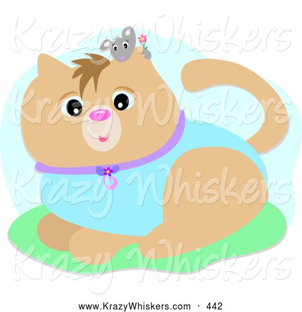 Critter Clipart of a Cute Little Gray Mouse Holding a Flower, Peeking over a Cat Wearing a Blue Suit