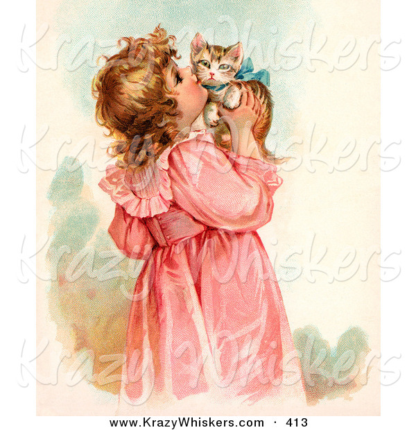 Critter Clipart of a Cute Little Victorian Girl in a Pink Dress, Holding up and Kissing Her Cute Kitten on the Cheek