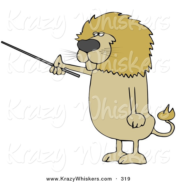 Critter Clipart of a Cute Male Lion Holding a Pointer Stick and Standing up on His Hind Legs