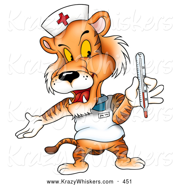 Critter Clipart of a Cute Nurse Tiger Holding a Thermometer