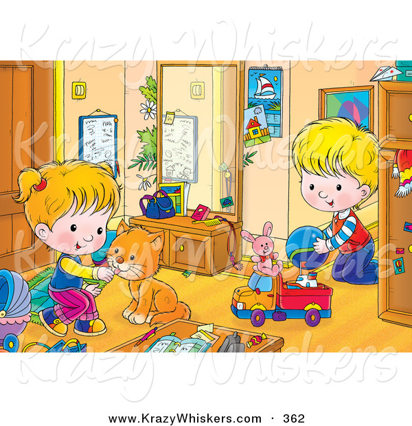 Critter Clipart of a Cute Orange Cat Playing with a Boy in a Girl in Their Room