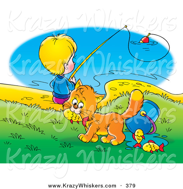 Critter Clipart of a Cute Orange Cat Stealing Fish from a Bucket While a Boy Fishes in the Background