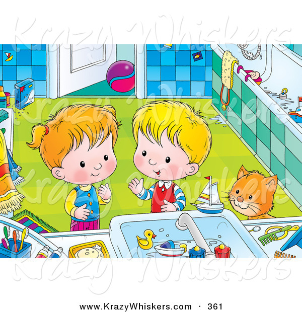 Critter Clipart of a Cute Orange Cat Watching a Boy and Girl Playing with Toys in a Bathroom Sink