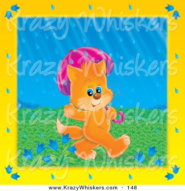 Critter Clipart of a Cute Orange Kitty Cat Waving Walking Under an Umbrella on a Rainy Spring Day