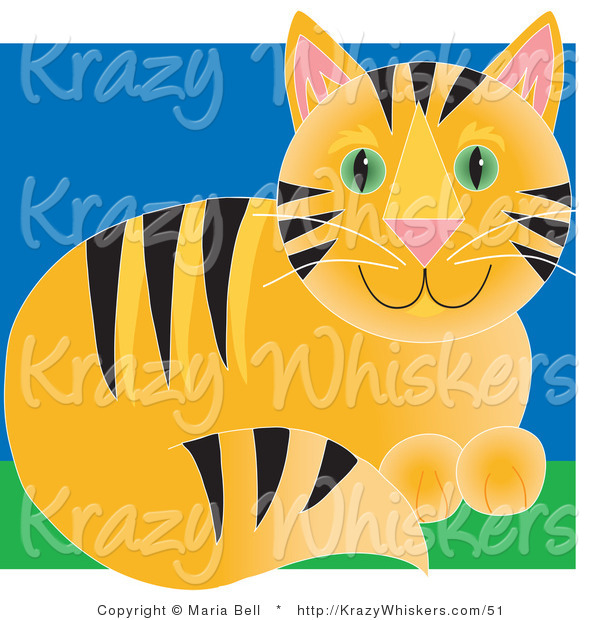 Critter Clipart of a Cute Orange Tabby Cat with Black Stripes and Green Eyes, Sitting in Grass