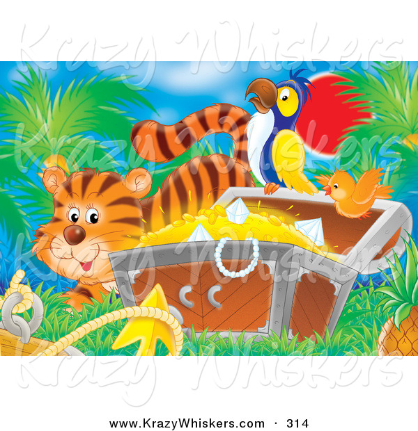 Critter Clipart of a Cute Orange Tiger by a Bird Flying by a Parrot Perched on a Treasure Chest Full of Gold and Diamonds