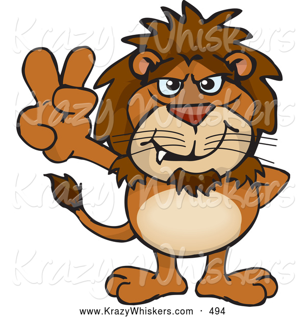 Critter Clipart of a Cute Peaceful Lion Smiling and Gesturing the Peace Sign