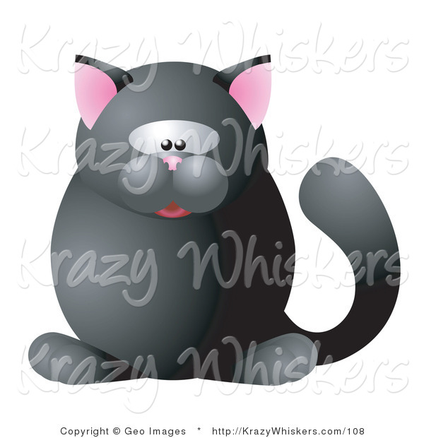 Critter Clipart of a Cute Round Black Cat with Pink Ears