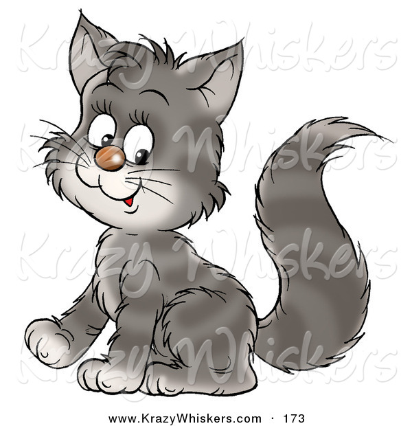 Critter Clipart of a Cute Smiling Gray Kitty Cat with Stripes, Sitting and Smiling