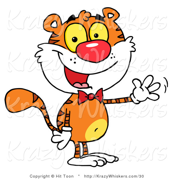 Critter Clipart of a Cute Tiger Wearing a Red Bow Tie and Waving Hello