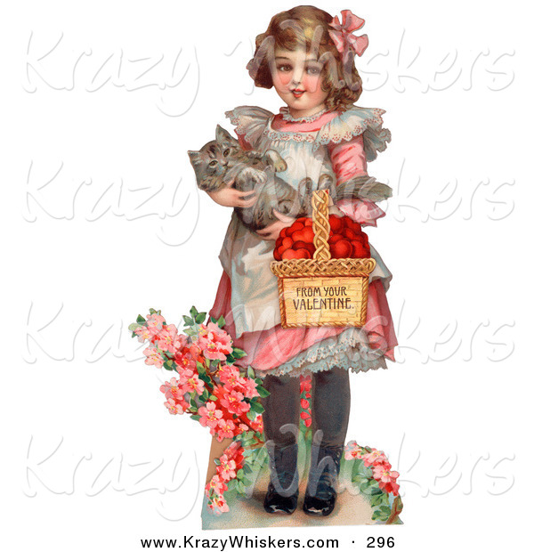 Critter Clipart of a Cute Vintage Valentine of a Sweet Little Girl Carrying a Basket of Red Hearts and a Cat in Her Arms, Walking in a Flower Garden, Circa 1885