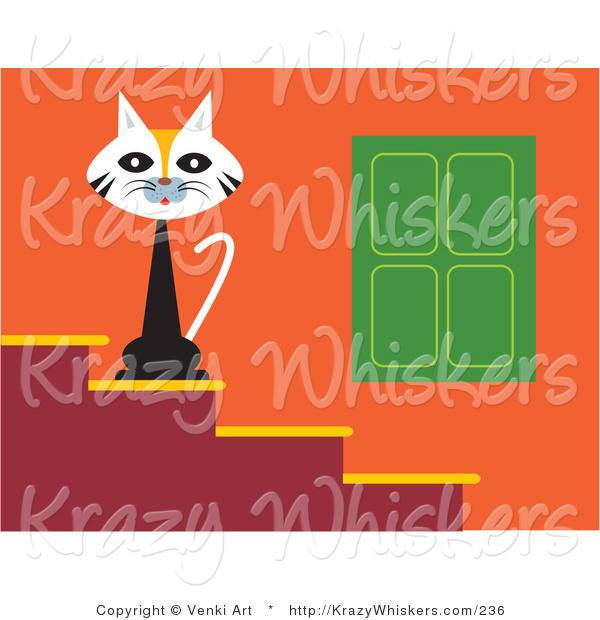 Critter Clipart of a Cute White Calico Cat Seated on Steps Outside a House, Guarding Its Territory