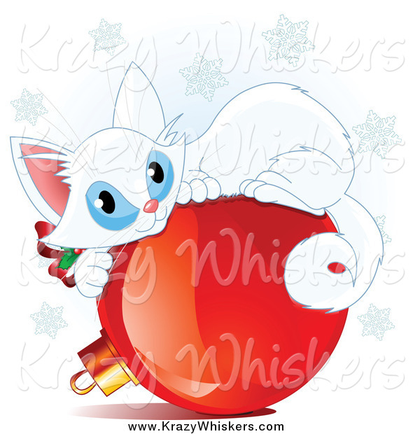 Critter Clipart of a Cute White Christmas Kitten Curled up on a Red Ornament