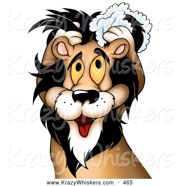 Critter Clipart of a Cute Yellow Eyed Male Lion Washing His Mane with Shampoo on White