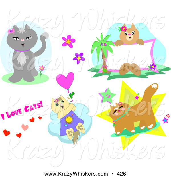 Critter Clipart of a Design Set of Cat Poses and Text, on a White Background