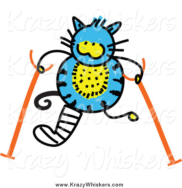 Critter Clipart of a Doodled Blue Cat with Crutches