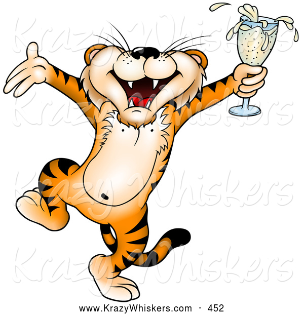 Critter Clipart of a Drunken Tiger Dancing and Holding a Glass of Champagne at a Party