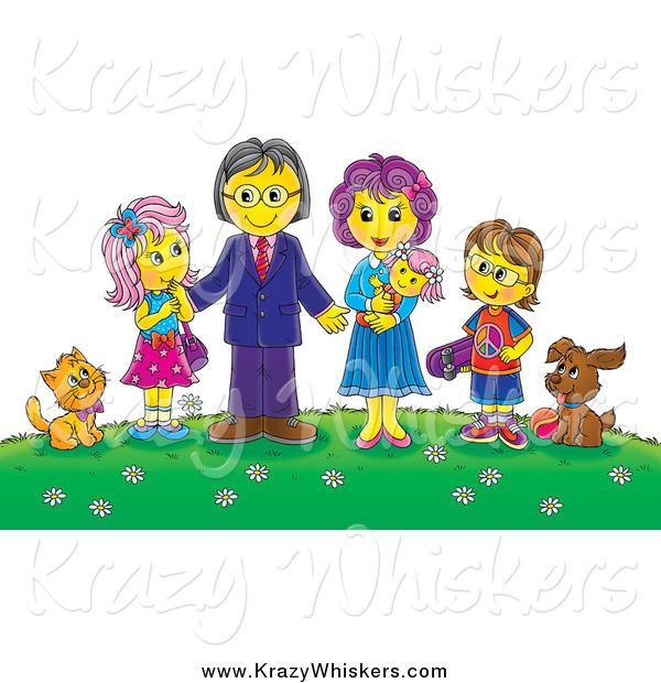Critter Clipart of a Family and Their Pets on a Hill with Flowers