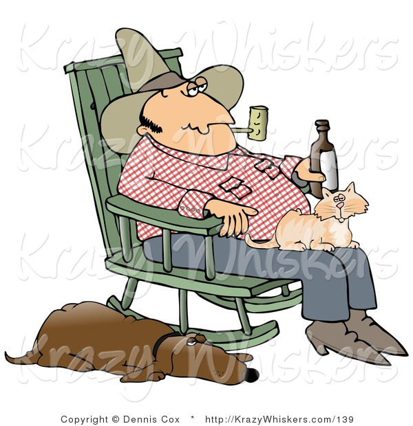 Critter Clipart of a Farmer Man Smoking a Pipe and Drinking a Beer While Sitting in a Rocking Chair with a Cat in His Lap and His Hound Dog at His Side