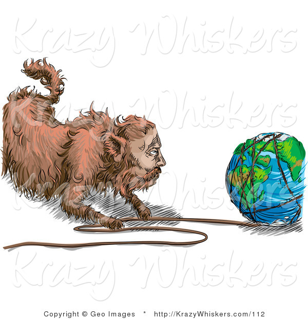 Critter Clipart of a Fat Cat Tugging String off of the World
