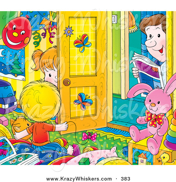 Critter Clipart of a Father Peeking in a Bright, Colorful Room, Watching His Son and Daughter Play