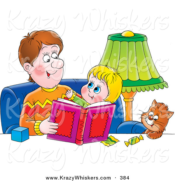 Critter Clipart of a Father Sitting with a Cat and His Daughter, Reading a Book