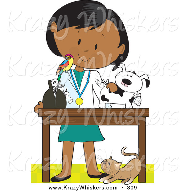 Critter Clipart of a Female Hispanic Veterinarian with a Bird on Her Shoulder, Bandaging up an Injured Puppy, a Cat at Her Feet