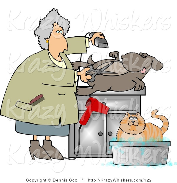 Critter Clipart of a Female Pet Groomer Cutting and Trimming Dog Hair While a Cat Bathes Nearby