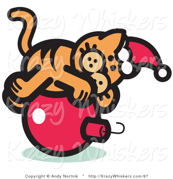 Critter Clipart of a Festive Orange Cat Wearing a Santa Hat and Lying on a Red Christmas Bauble Ornament