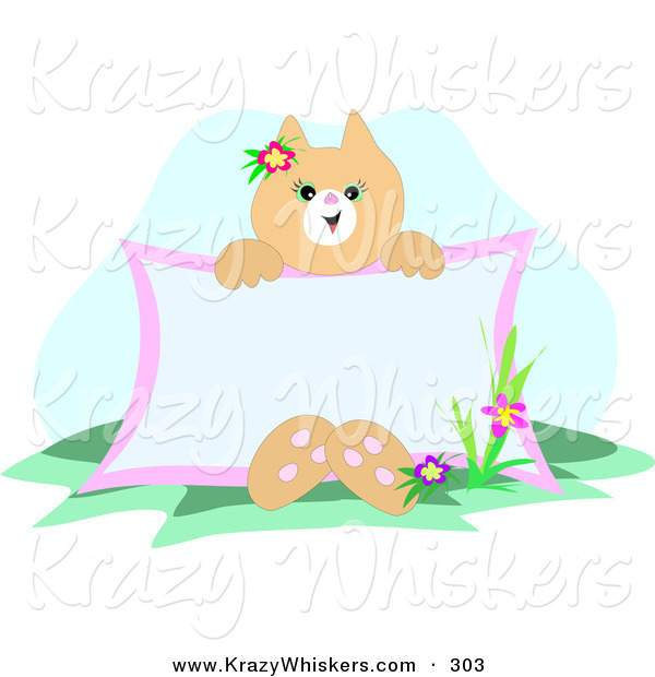 Critter Clipart of a Friendly Beige Cat Sitting by Flowers in Grass, Holding a Blank Advertising Sign