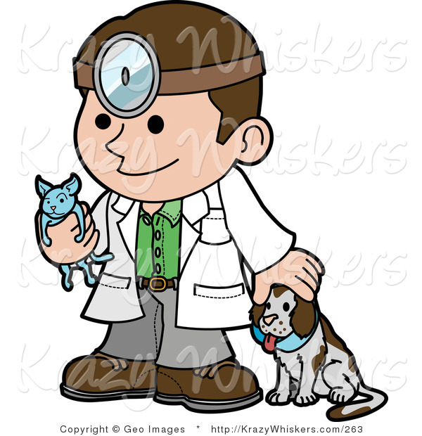 Critter Clipart of a Friendly Caucasian Male Veterinarian Petting a Dog and Holding a Cat During a Yearly Exam