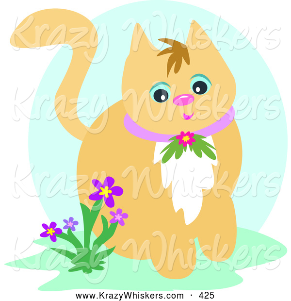 Critter Clipart of a Friendly Orange Cat Wearing a Floral Collar, Sitting Beside Purple Flowers